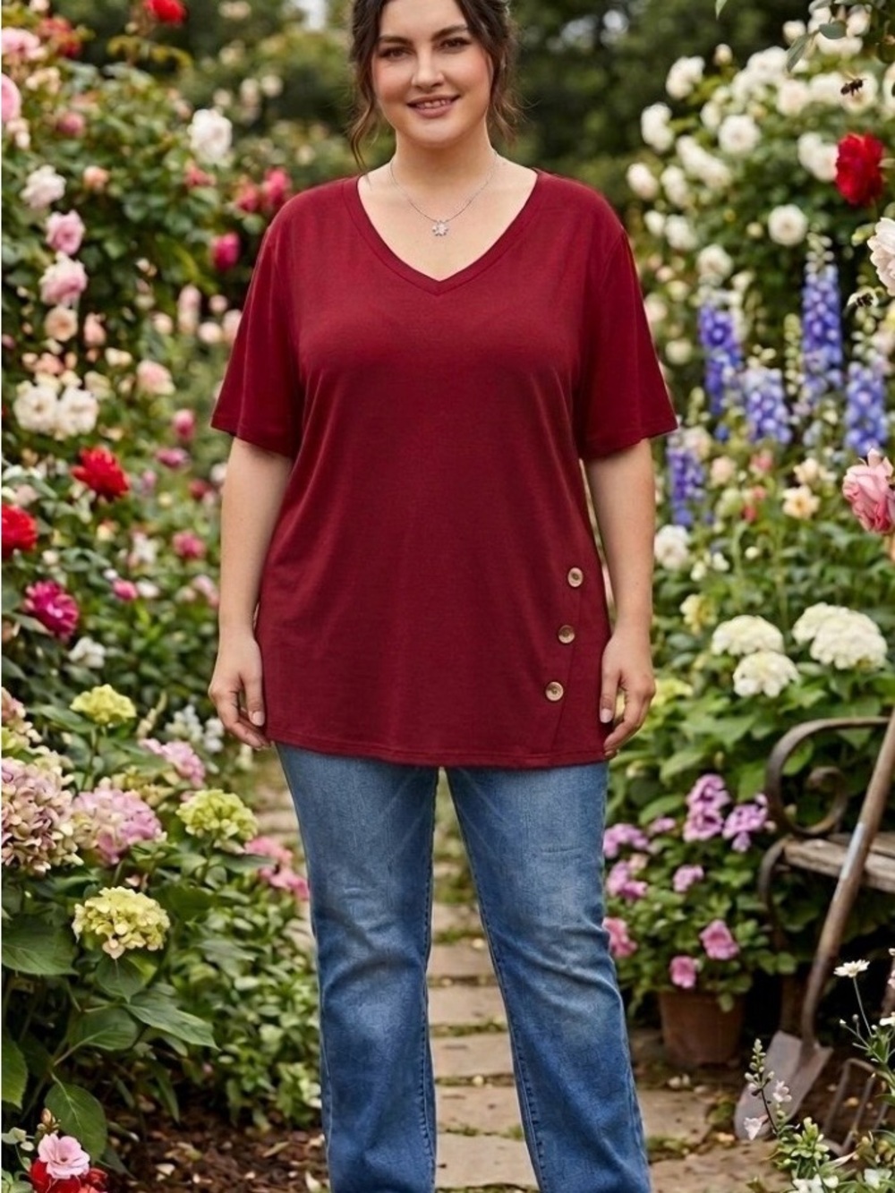 Women's V-Neck Button Side Tunic Top - Burgundy